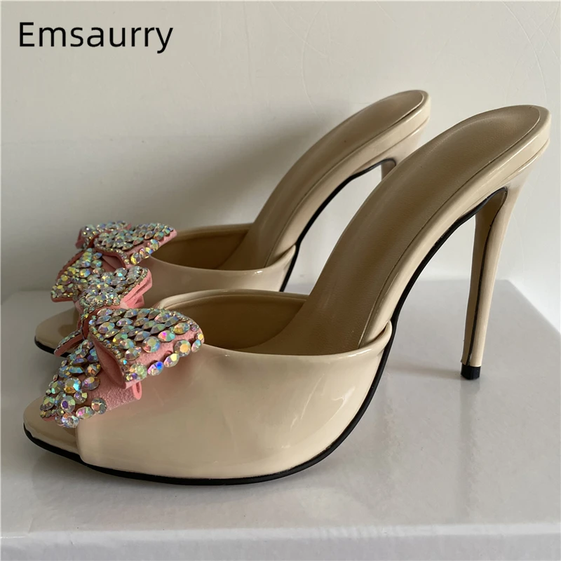 

Diamond Rhinestone Butterfly-Flower Sandals Women 10cm Stiletto Heel Luxury Patent Leather Slingbacks Summer Mules