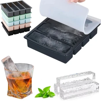 4 Grid Giant Silicone Ice Cubes Long Strip Square Whiskey Ice Tray Mold Non-toxic Durable Large Ice Mold Barware Cocktail Tools