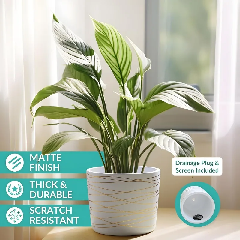 9 Inch Ceramic Plant Pot - Matte White with Gold Stripes - Drainage Plug Included 3