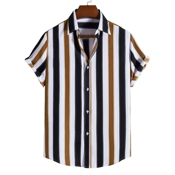 Men's Hawaiian Shirt Summer Stripe Printed Short Sleeved Shirts Lapel Button Large Men Street Clothing Fashion Casual Social Top 1