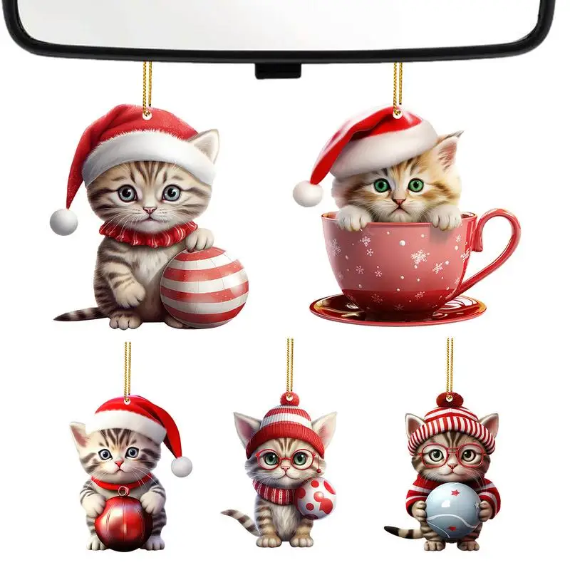 

Cat Pendant Charm 5pcs 2D Acrylic Cute Santa Hat Kitten Ornament Rearview Mirror Pendant Decorative Home Decor For Christmas