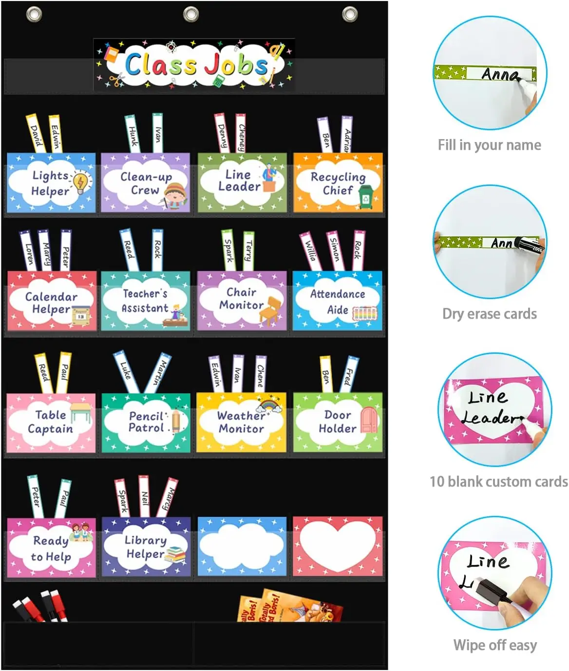 Class Jobs Pocket Chart Class Management Educational Pocket Chart with 70 Colorful Dry Erase Cards 3 Hooks For Students Visual Schedule Chart Schedule Chart