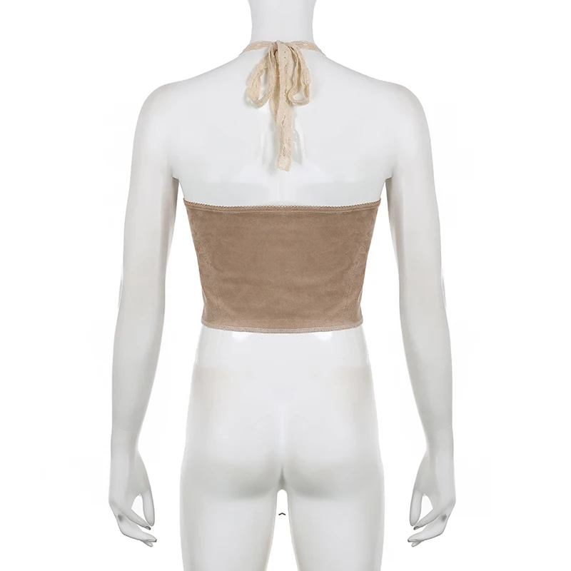 Camiseta de tirantes de ante vintage para mujer, estilo Y2K, con cordones, ajustada, sexy, de los años 2000, con ribete de encaje, estilo halter, ropa grunge