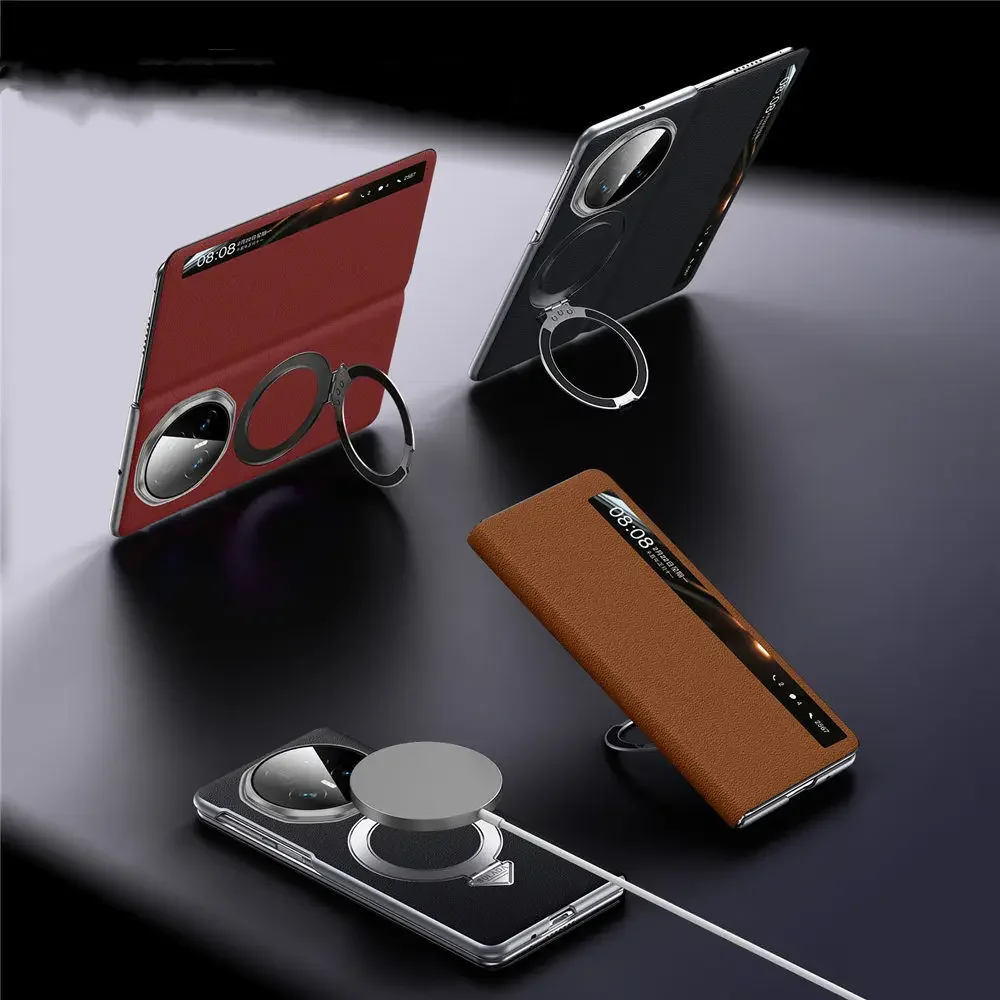Sulada Genuine Leather Smart Window View Flip Case with Metal Magnetic Ring Holder & Kickstand