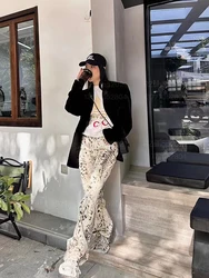 High Waisted Retro Leopard Print Wide Leg Jeans - Vintage Streetwear Denim Trousers - S (Yellowish white)