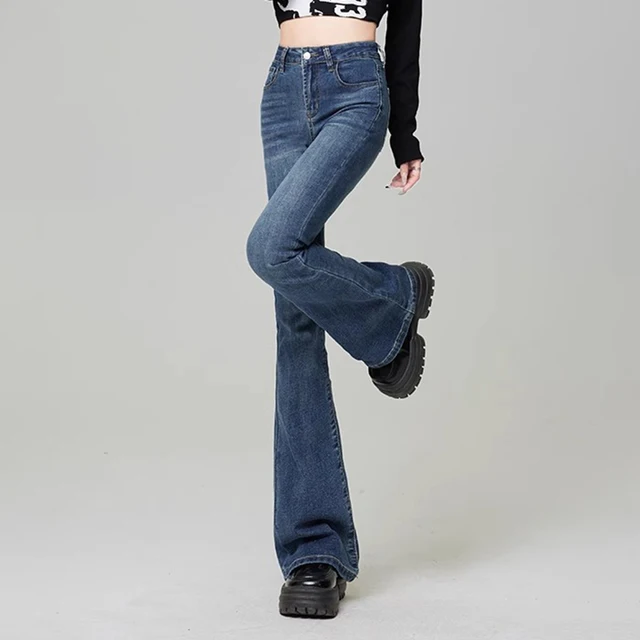 Femmes Vintage haute rue cloche bas jean dame Sexy coupe ajustée Denim Flare pantalon bleu profond bleu clair noir bleu gris pantalon 3