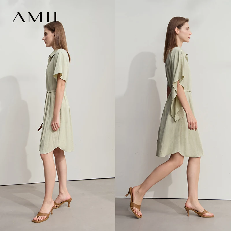 Amii Women's Dress Minimalist New Summer Turn-down Collar Pleated  Asymmetric Batman with Belt Loose Diagonal Midi Dress 12512041 - AliExpress  200000345