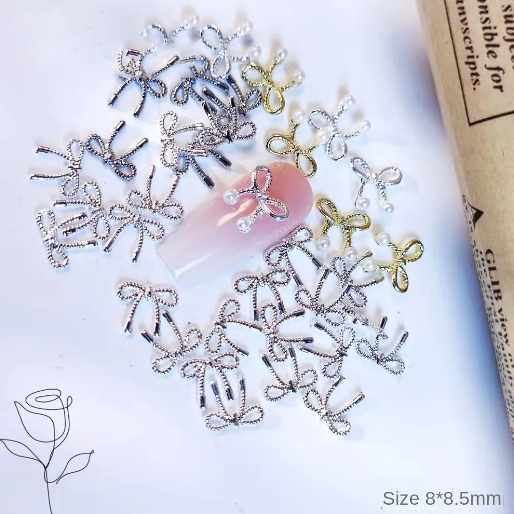 

10pcs Metal Gold Silver Nail Art Charm Bowknot Shaped Bow 3D Nail Art Decoration Pearl Jewelry Design Nail Rhinestone