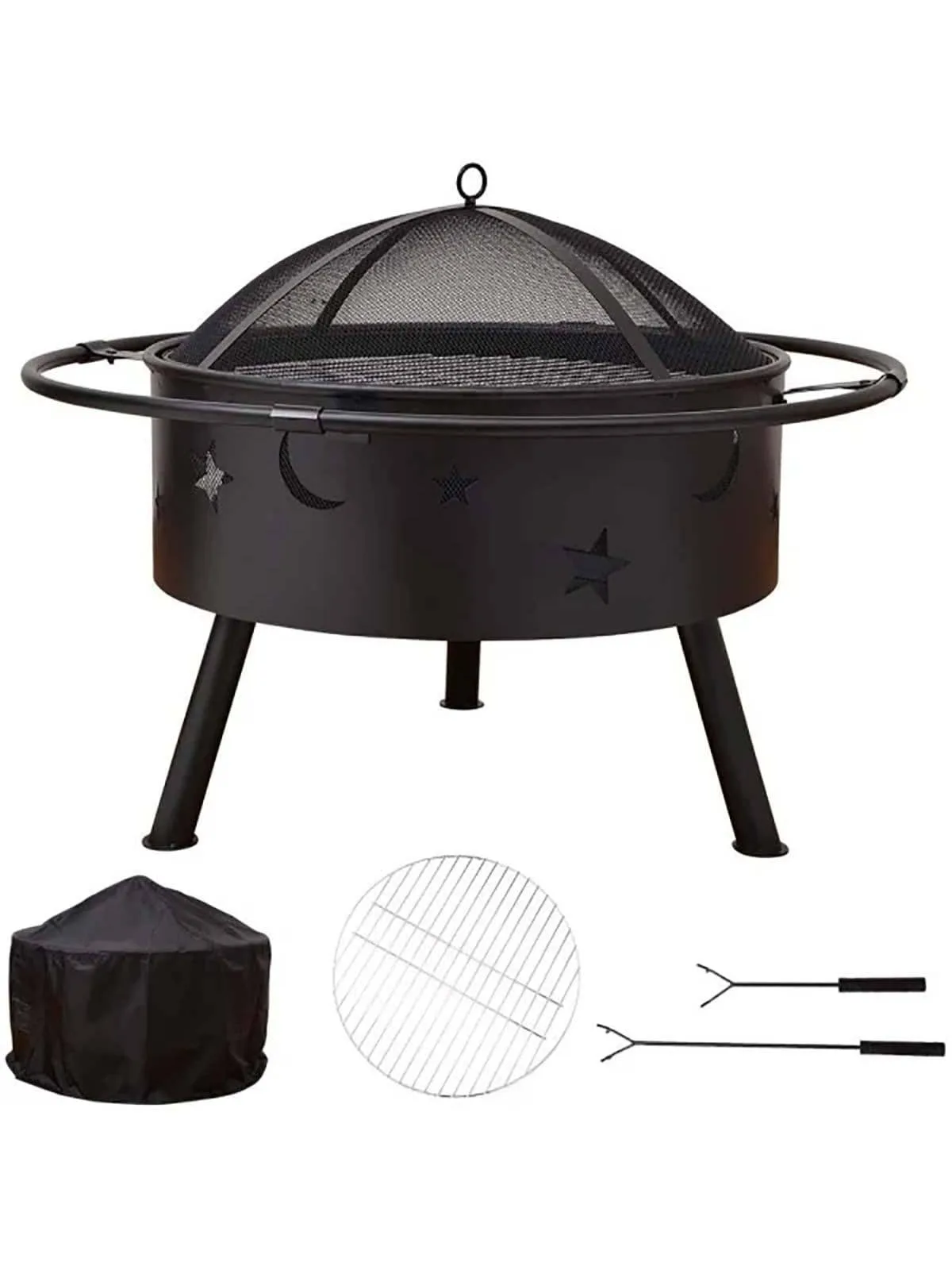 

32 Inch Steel Round Fire Pit with BBQ Grill Cooking Grate Spark Screen Fire Poker Cover Fireplaces for Outside wood burning