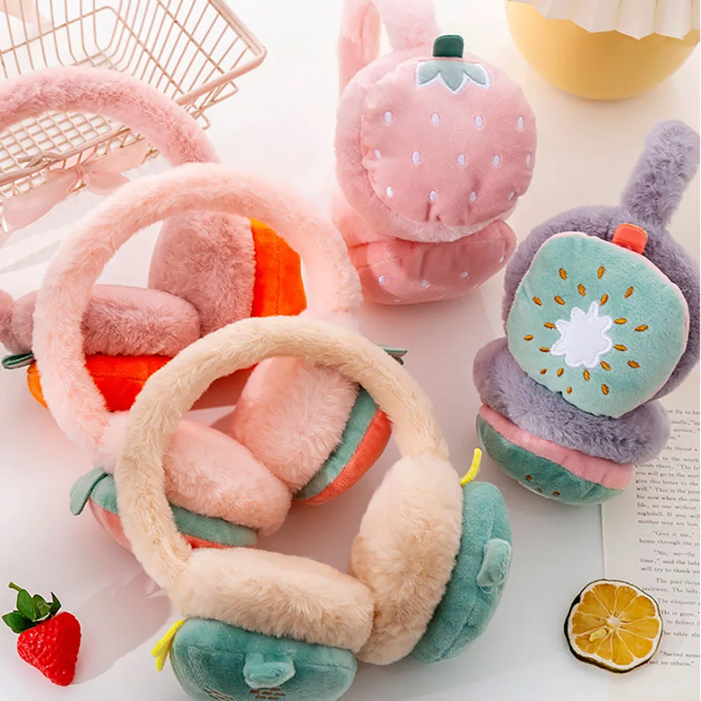Cute Cartoon Fruit Girls Winter Warm Ear Muffs  Fluffy Fold Burger Shape Headphone Earmuffs Soft Cashmere Warmer Fake Fur Earlap