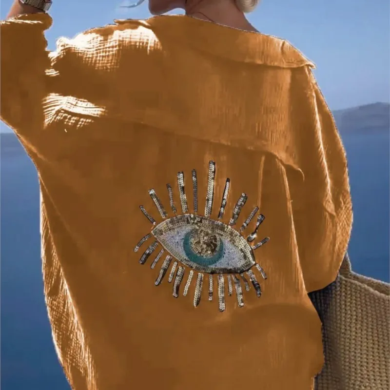 Spring Autumn Sequin Print Shirts Women Fashion Cotton Linen