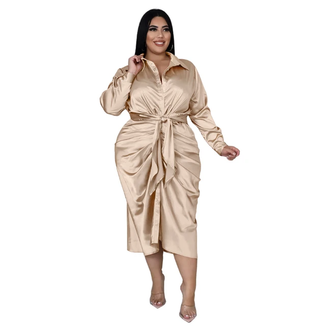 Elegant Satin Plus Size Women Shirt Dress Sexy Ruched Long Sleeve Lace Up Evening Party Midi