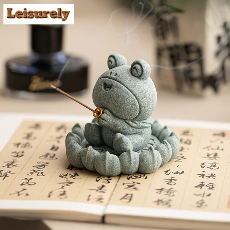 Green Sandstone Lotus Root Big Eyed Frog Tea Pet Incense Holder Zen Garden Incense Burners Meditation Censer Yoga Ornaments Gift