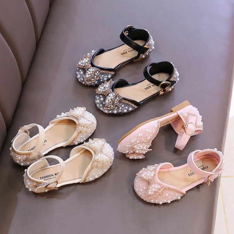 Kids Rhinestone Leather Shoes Spring Summer Crystal Shoes Princess Shoes Children's Butterfly Knot Pearl Shoes Girl Half Sandals