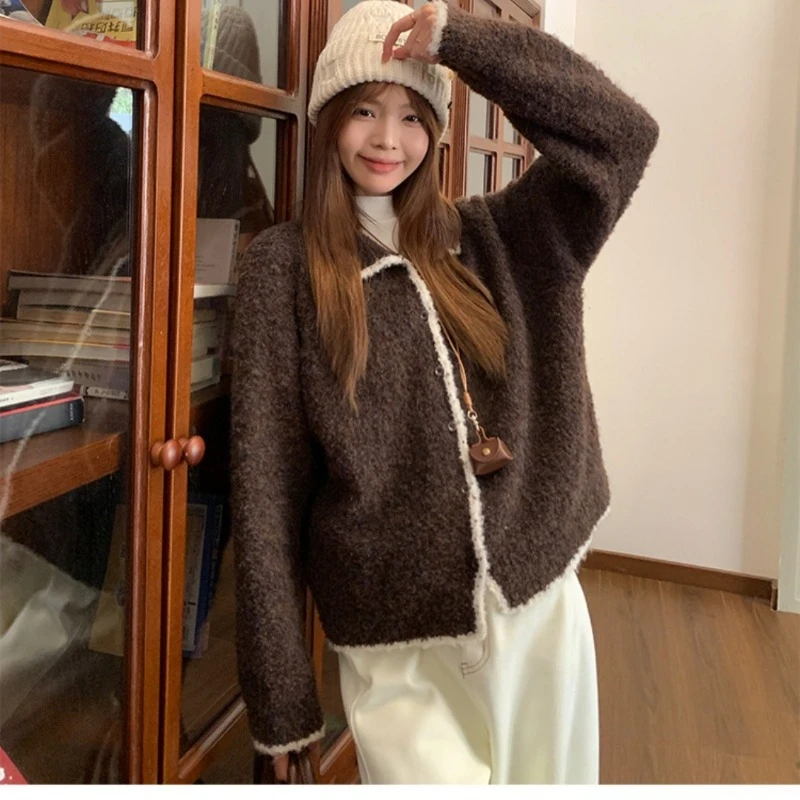 New Retro Contrasting Color Lapel Sweater Women's Autumn and Winter Elegant Loose Lazy Style Casual Knitted Cardigan Jacket