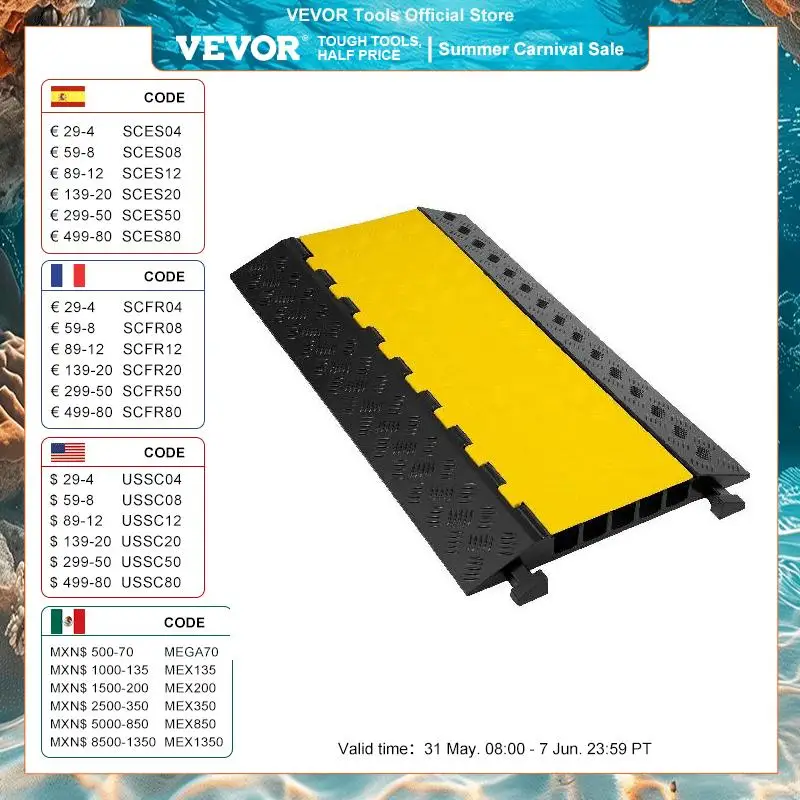 VEVOR 1 Pack 5/3  Channels Cable Protectors Ramp Heavy Duty Cable Cover Guard Wire Cord Ramp Driveway Rubber Traffic Speed Bumps