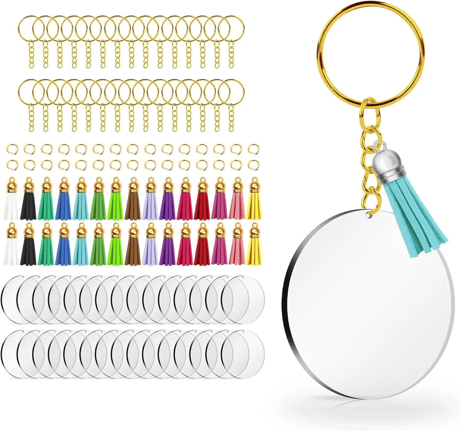 Acrylic Clear Circle Keychain Crafting Set with Tassel Pendants and Jump Rings - 40 Pieces