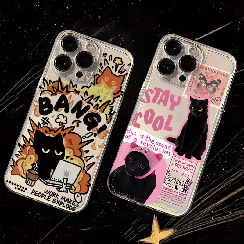 Creative Label Black Cat Transparent Phone Case for Samsung Galaxy S26 S25 Ultra S24 Plus S23 FE S22 A16 A15 A34 A35 A55 Cover