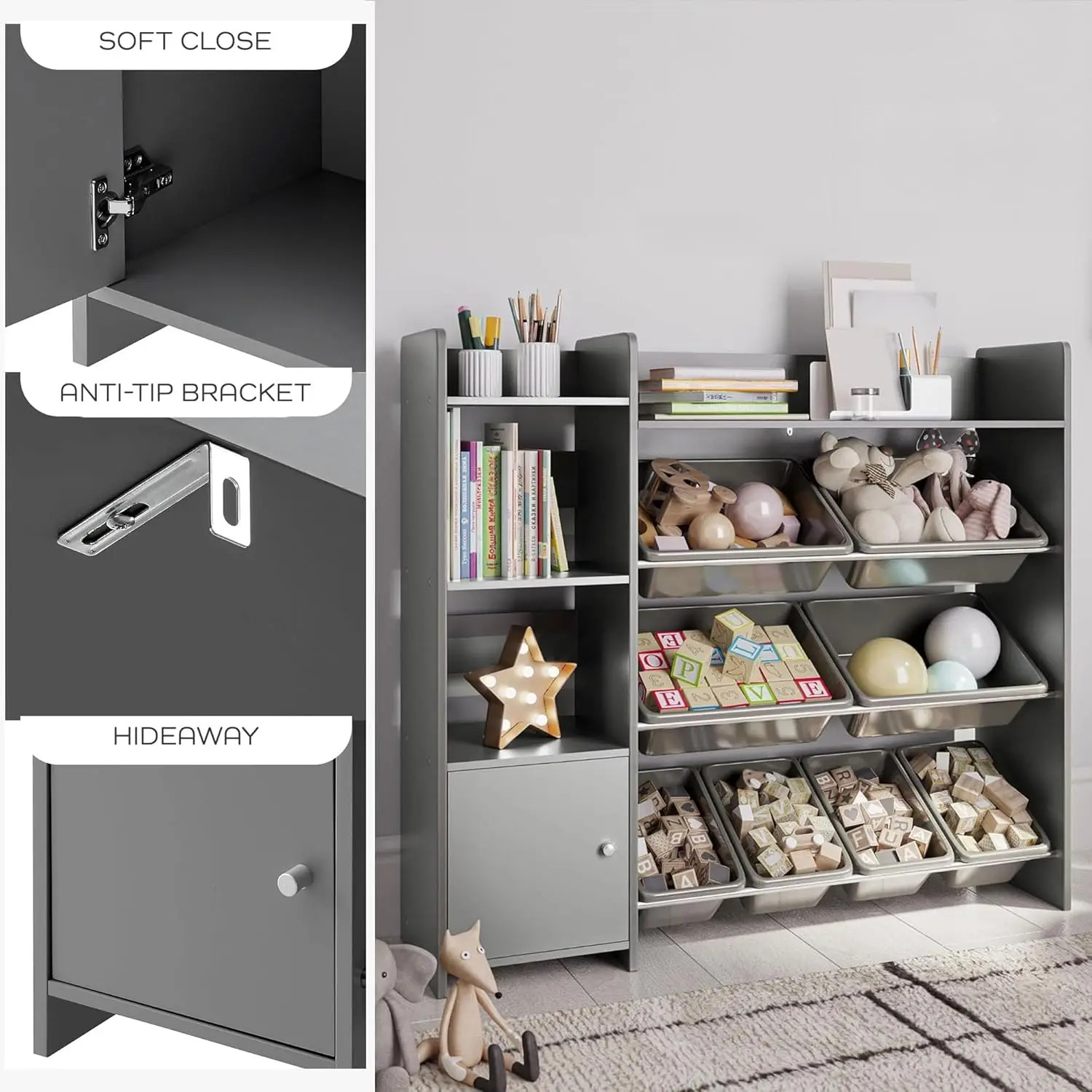 Bookshelf, Kids Playroom Organization Shelving Unit with Removable Storage Bins & Safety Anti-Tip 6