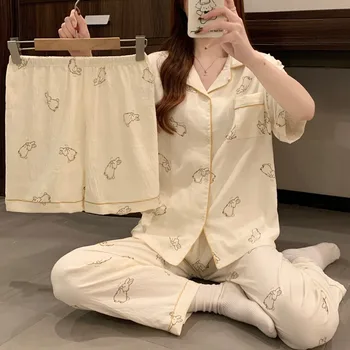 الكورية أرنب لطيف طباعة المرأة منامة مجموعة عادية التلبيب الرقبة موضة 3 قطعة منامة مجموعة Kawaii الحلو الأساسية المتسكعون للنساء 4