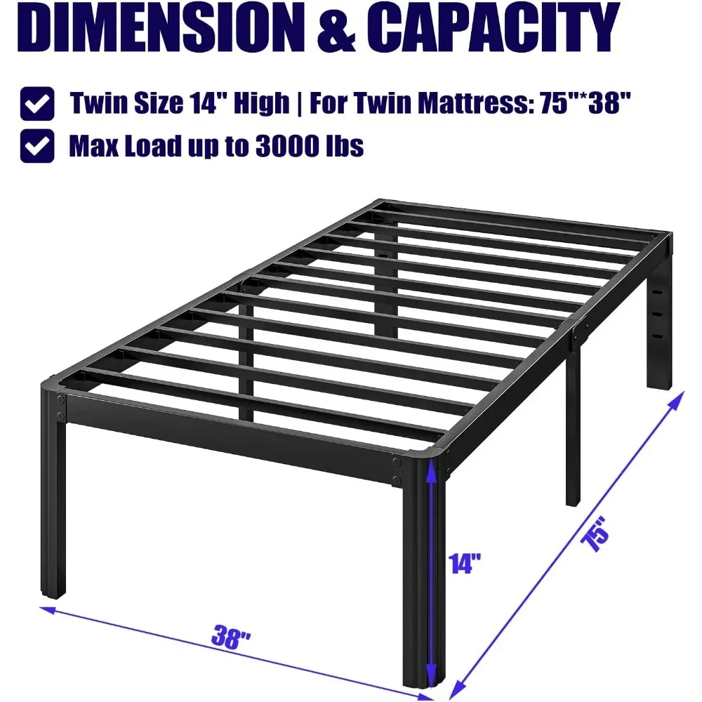 18in Heavy Duty Twin Bed Frame No Box Spring Needed, Metal Platform Bed Frame Twin with Round Corners, Easy Assembly