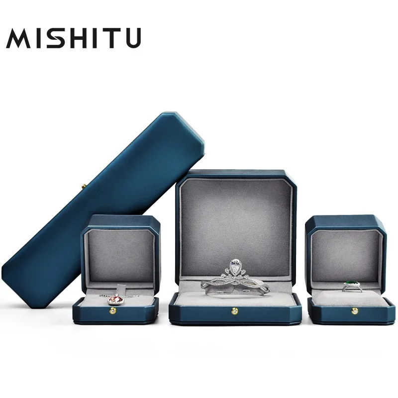 MISHITU PU Leather Blue Jewelry Ring Box Pendant Box Bracelet Box Octagonal Cut Edge Design Gift Jewelry Box Customizable