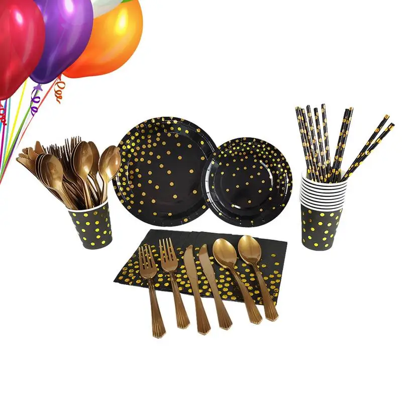 

Paper Tableware Set Party Tableware Set Party Dinnerware Set With Gold Foil Polka Dot Pattern For Camping Party Birthday