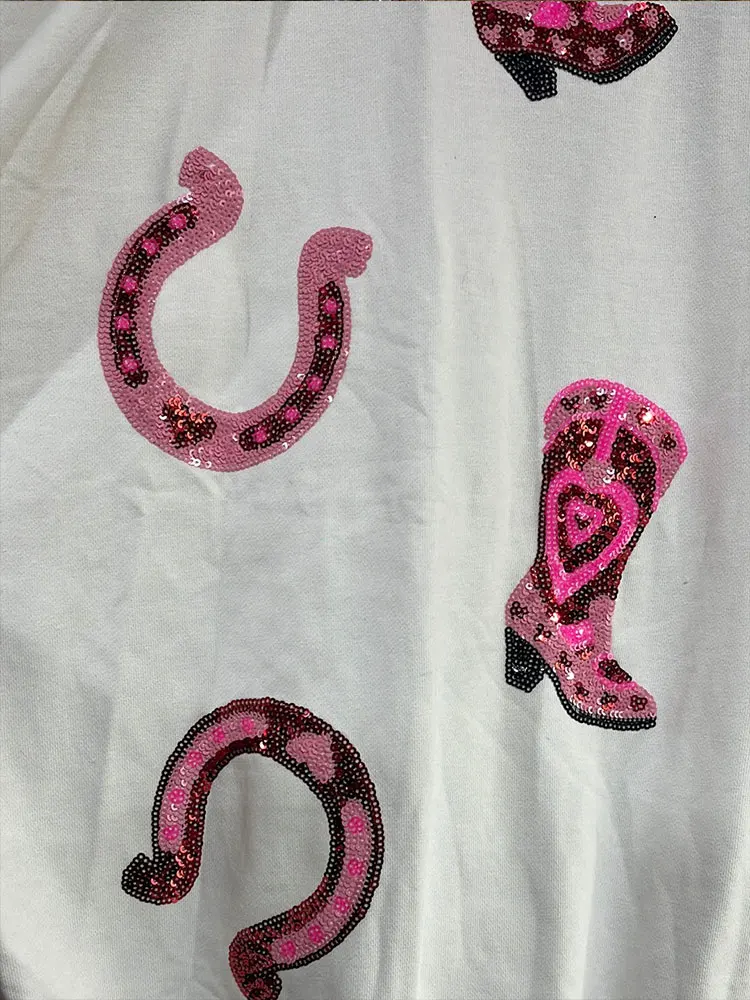 Sequins Boots Loose Sweatshirt, Casual Crew Neck Valentine's Day Long Sleeve Sweatshirt, Women's Clothing