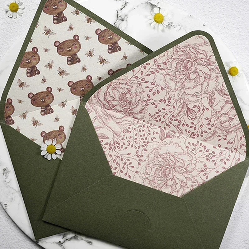 Wedding Invitations 1pc Avocado Green Series Vintage Envelopes Printing Lining Envelopes Invitation Stationary Postcard