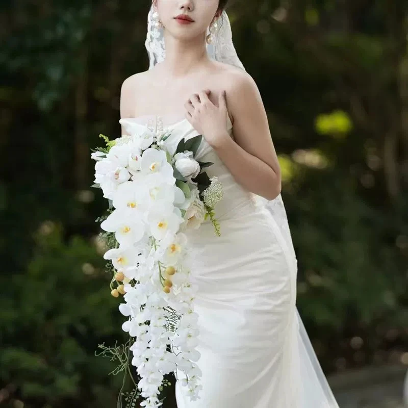 Wedding Bouquet for bride White Teardrop Wedding Bouquet Frost-Resistant Tulips & Wisteria Eco-Preserved for Weddings