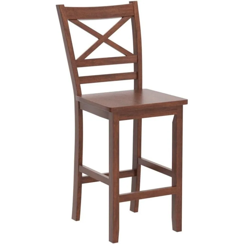 Bar Stools, 25'' Antique Kitchen Counter Height Chairs with Wooden X-shaped Backrest & Rubber Wood Legs