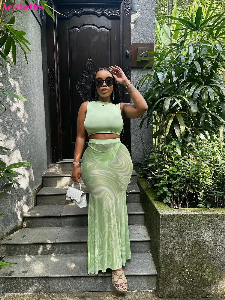

Women Wave Striped Mesh See Though Mermaid Bodycon Midi Maxi Skirts Set and Tank Top Underpants 2023 Summer 3 Piece Outfit Dress