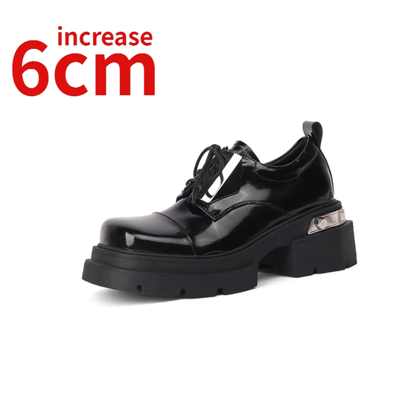 

English Style Metal Design Leather Shoes Women's Increased 6cm Casual Retro Elevated Shoes Square Head Thick Soled Slip-on Shoes
