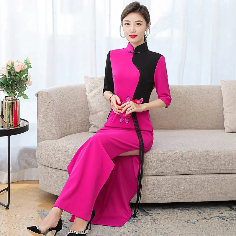 

Spring 2023 New Splicing High-End Elegant Long Slim Cheongsam Dress Runway Stage Performance Dress Women High Split Qipao Z025