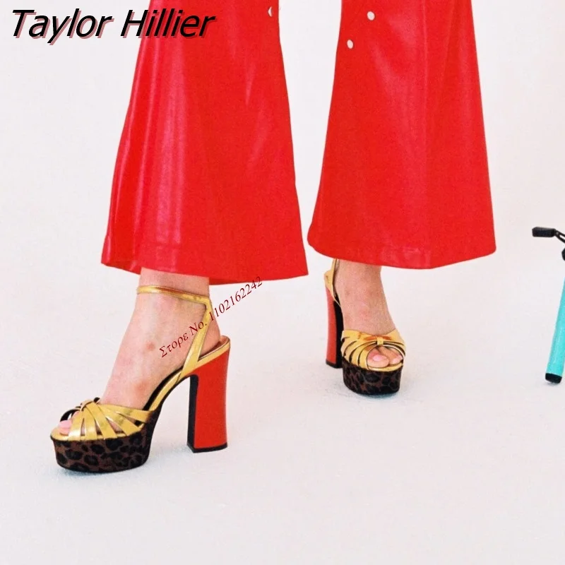 

Summer Fashion Color Matching Hollow Sandals Sexy Gold Open Toe Chunky Heel Casual Women'S Shoes Banquet Buckle Runway Shoes