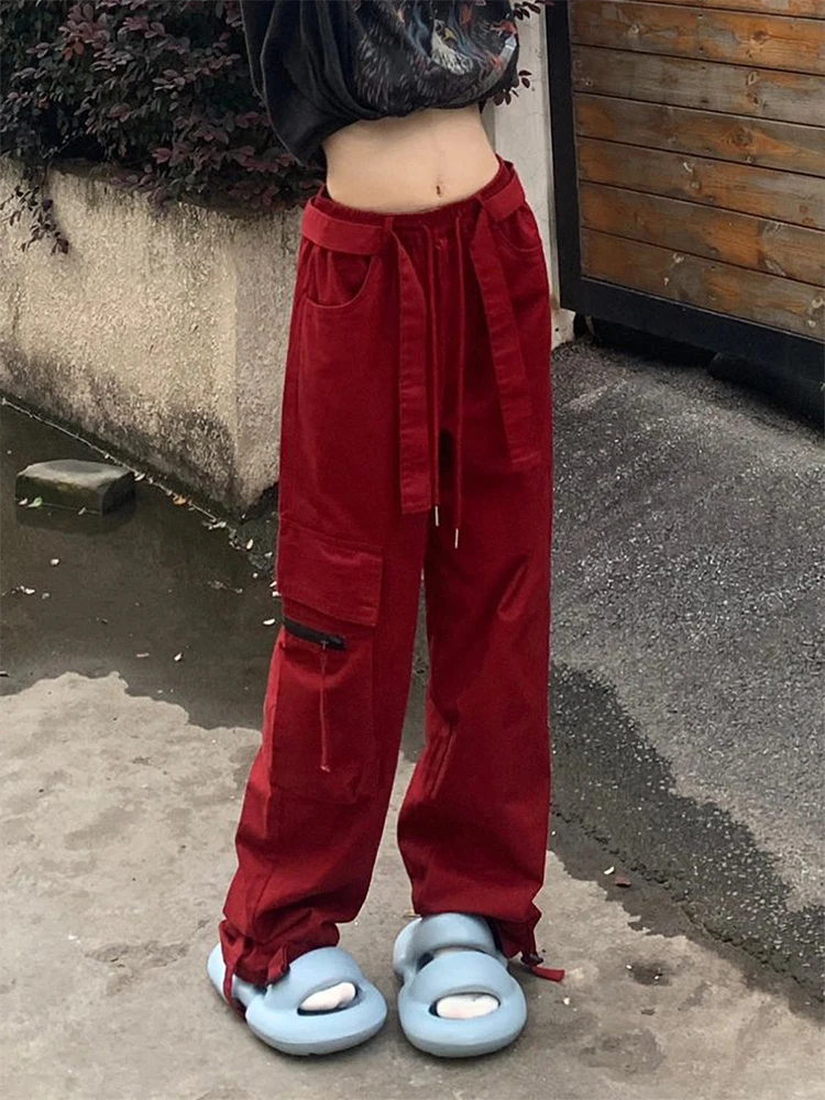 Red Straight Cargo Pants  New Women's Spring/Summer Large Size SX  High Waist Loose Belt Slim Casual Mopping Wide Leg Pants