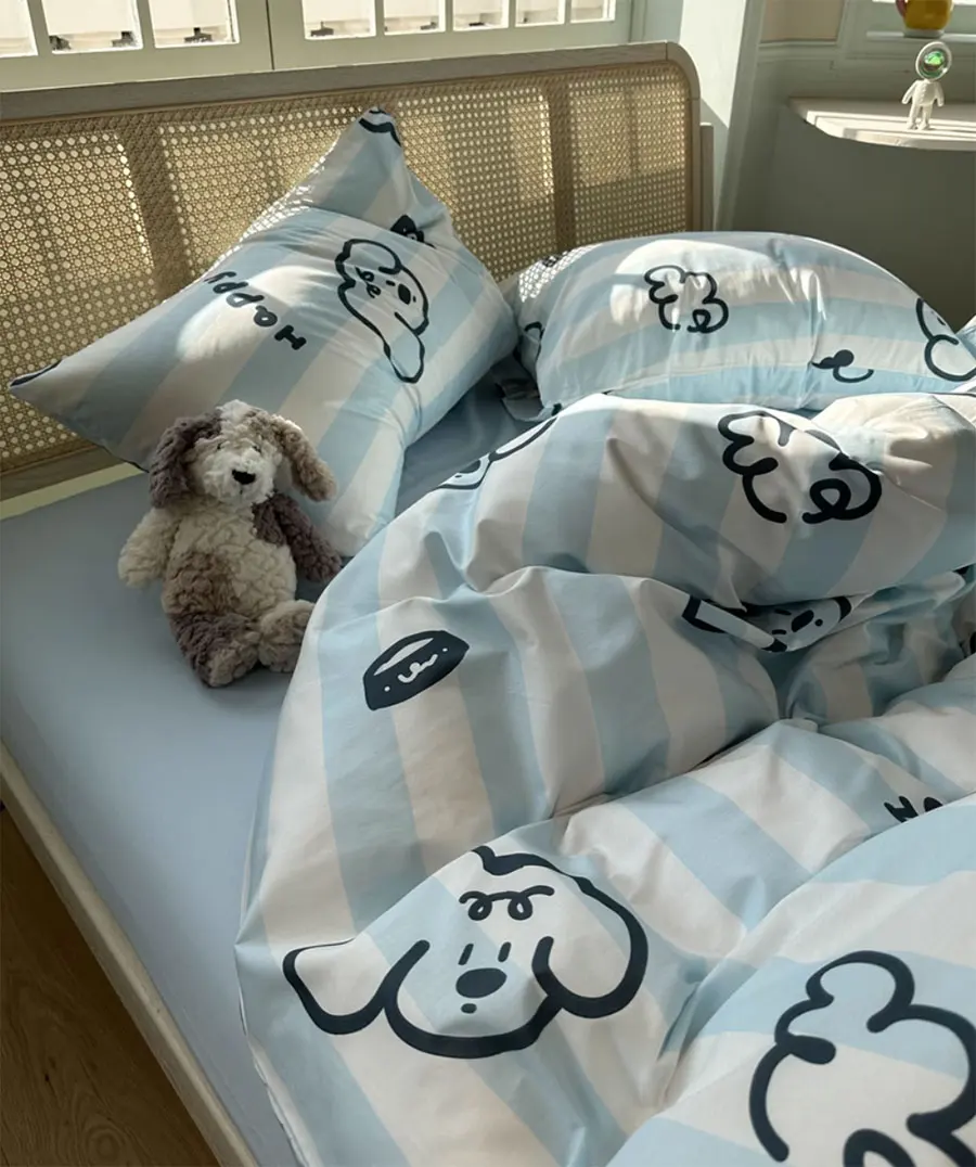

Fashion cute cartoon dog blue stripes bedding set kid teen,twin full queen cotton home textile bed sheet pillow case quilt cover