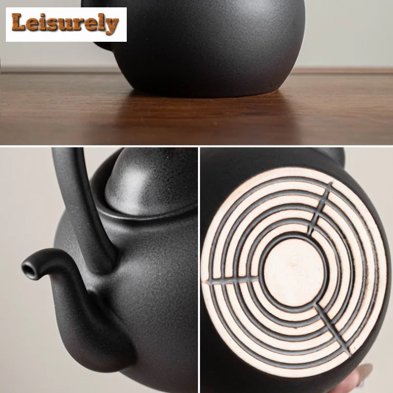 1000ML Zen Black Pottery Ceramic Teapothandmade Palace Lantern Lifting Handle Pot Boiling Water Kettle For Charcoal Stove Teaset
