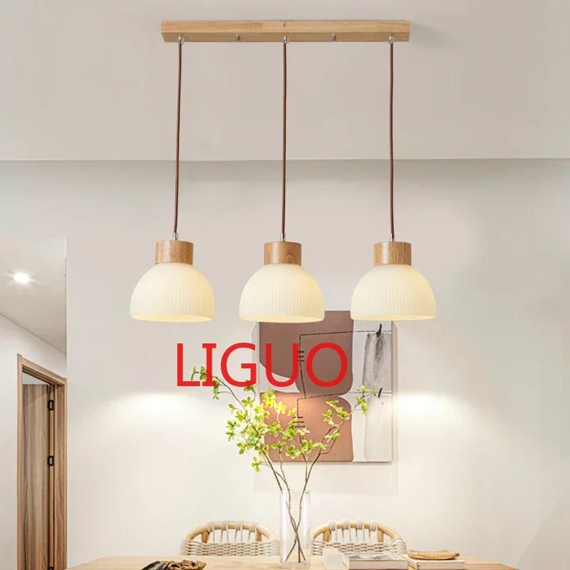 

Dining Table Chandelier Glass Lampshade Wood Hanging Lamps For Ceiling Kitchen Island Bedroom Modern Suspension Pendant Lighting