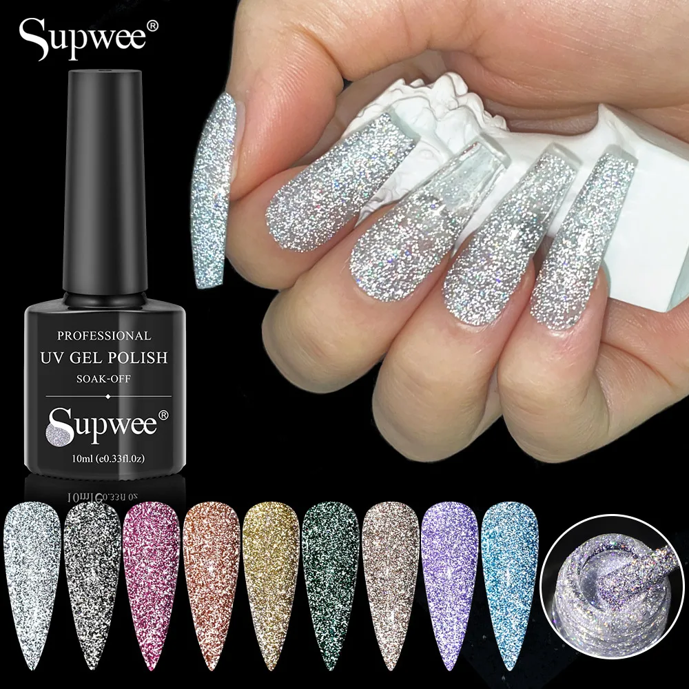 SUPWEE 10ml Reflective Top Coat Gel Nail Polish Shiny Laser  Effect Gel Varnish Semi Permanent Soak Off UV/LED Manicure For Nail supwee 15ml glitter poly nail gel extension building gel polish all for manicure uv poly gel semi permanent soak off nail art