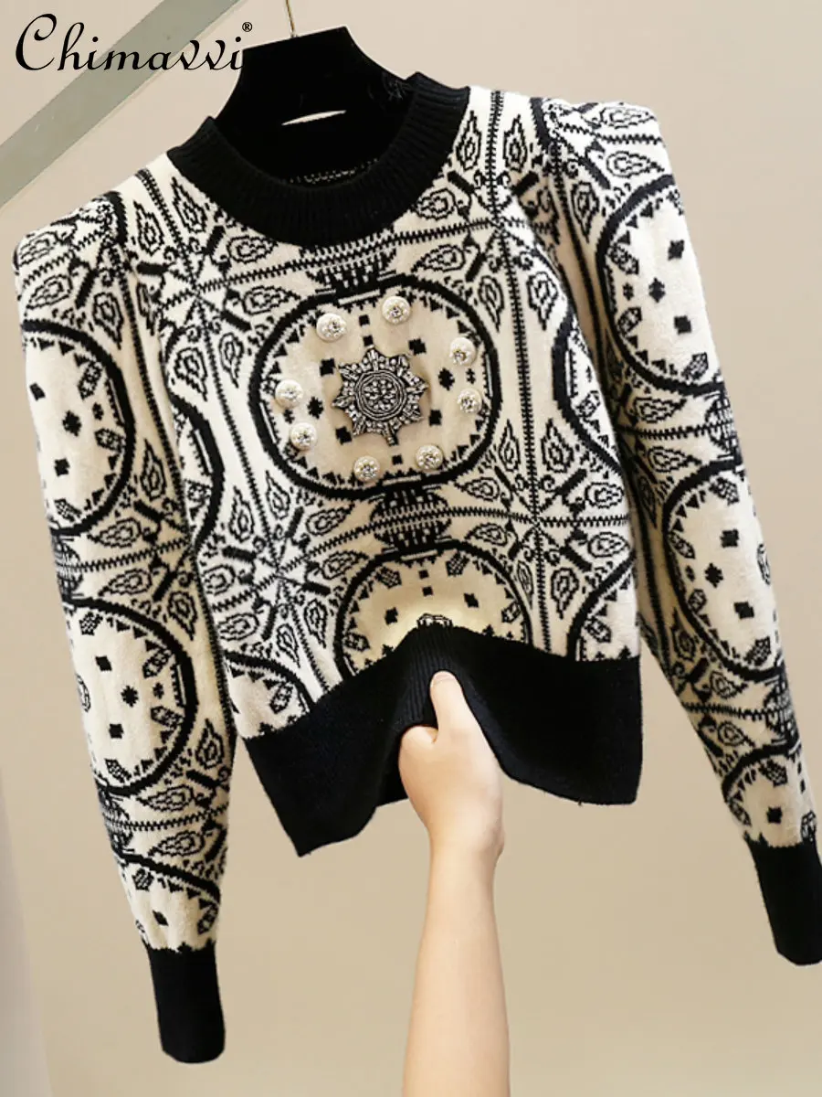 heavy-industry-manual-beaded-diamond-pullover-short-long-sleeved-sweater-fashion-design-crew-neck-casual-temperament-knitted-top