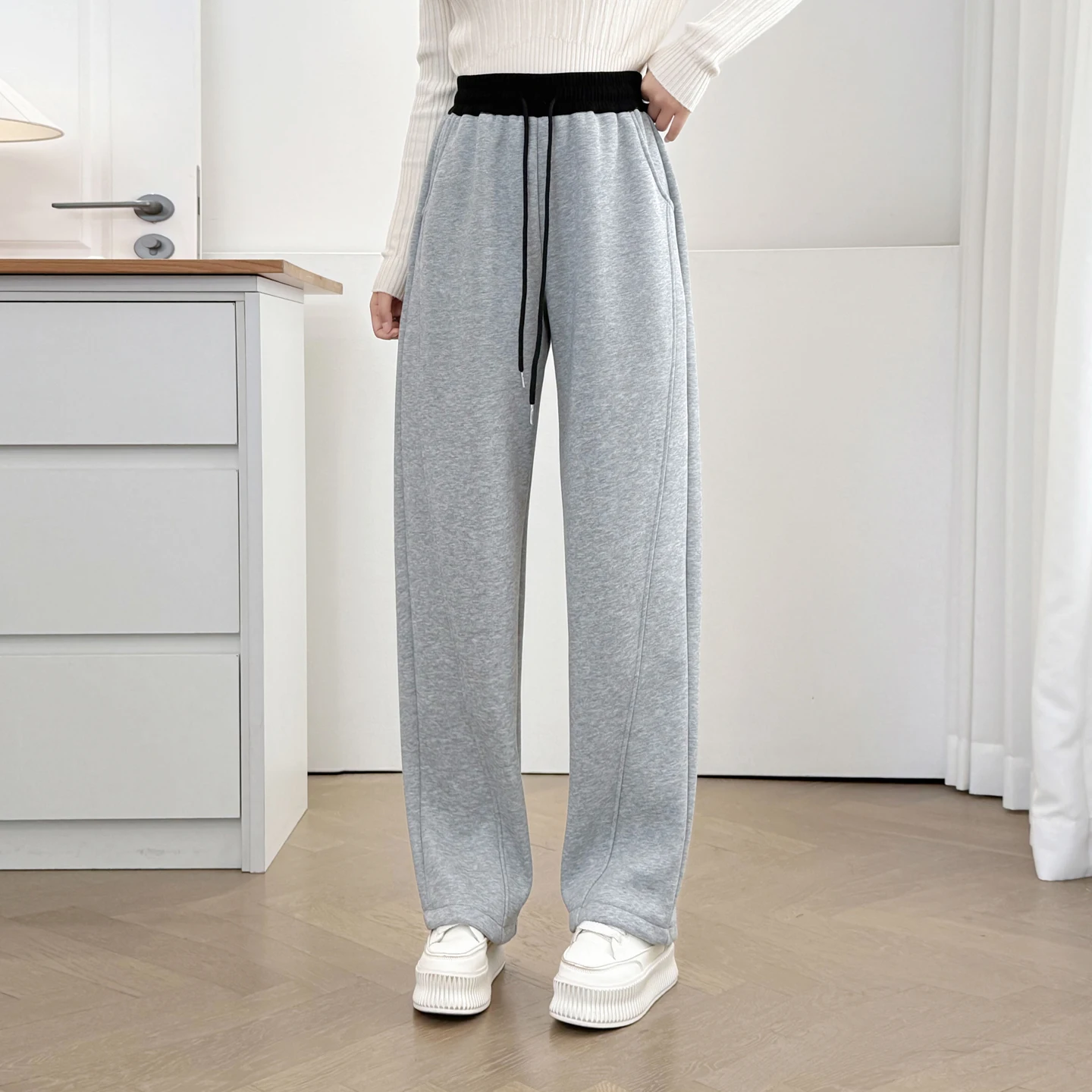 XXXXL Fashion Plus Size Women's Straight Pants Casual New Winter Style Simple Block Color Waist Fleece Warm Curved Trousers