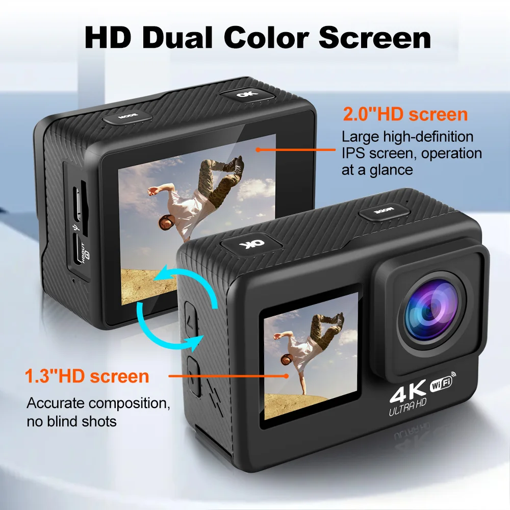 Action Camera 4K 30FPS 24MP WiFi 170° Wide Angle Len Dual Screen Display Video Camera 30M Underwater Waterproof Sport Camera 2