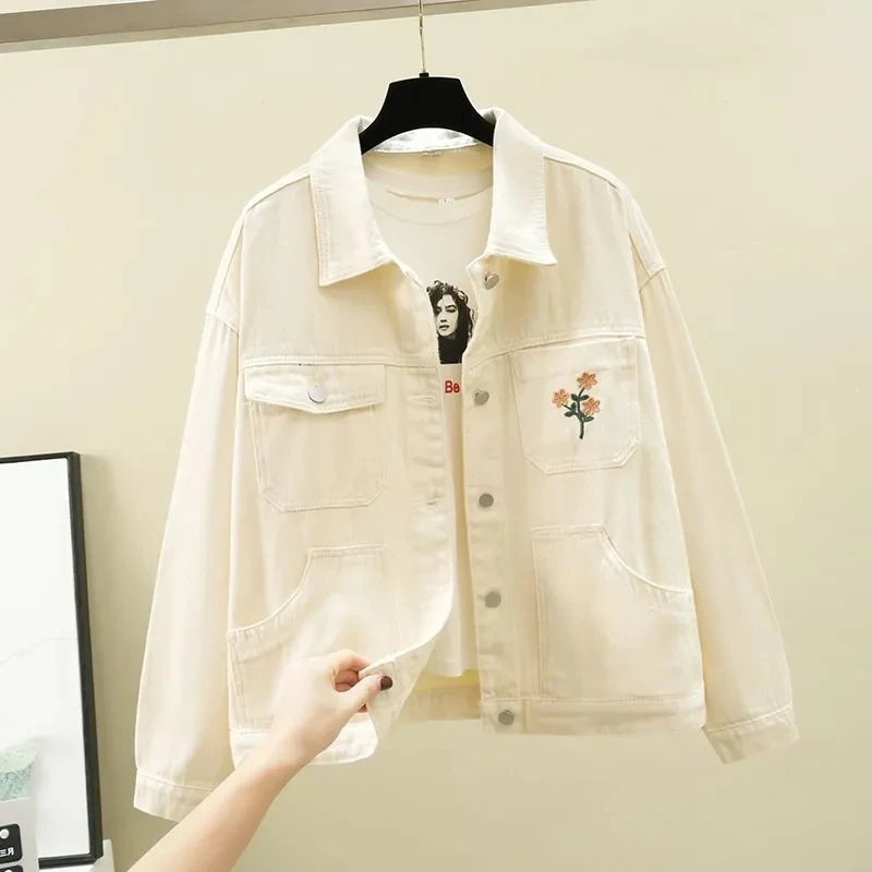 

Spring Autumn Denim Jacket for Women Pocket Embroider Single-breasted Cowboy Outerwear Female Clothes Jean Coat Ropa De Mujer