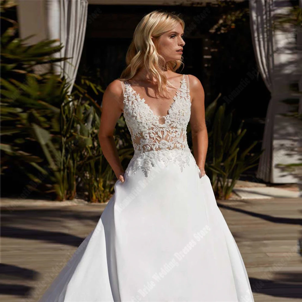 Elegant Women's Satin Wedding Dresses Gorgeous Fluffy Skirt Hem A-Line Princess Bridal Gowns Beach Vestidos De Novias Customized 3