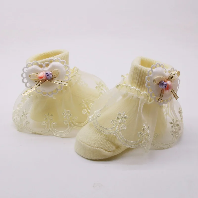여아 공주 양말 레이스 프릴 하트 패턴 장식 짧은 양말, 부드러운 흡수성, 귀여운 양말 촬영 소품, 0-1 세