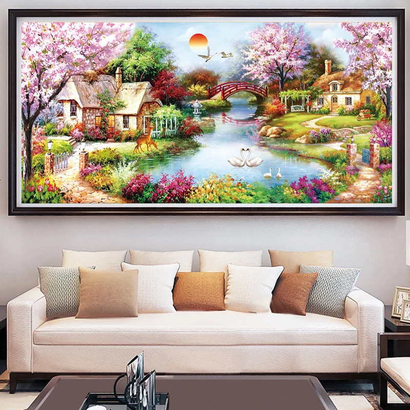 Cross Stitch Kit Printed Canvas DIY Cross Stitch Complete Kits Scenic Garden Bungalow ​11CT Cotton Thread Embroidery Kit Needlework Cross-Stitch