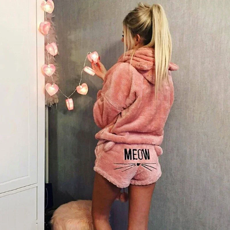 thumbnail image 1 of Conjunto de Pijama de terciopelo Coral para mujer, ropa de dormir cálida de dos piezas, bonito patrón de gato, sudaderas con capucha y pantalones cortos, Otoño e Invierno pijamas para mujer conjuntos, 1 of 4