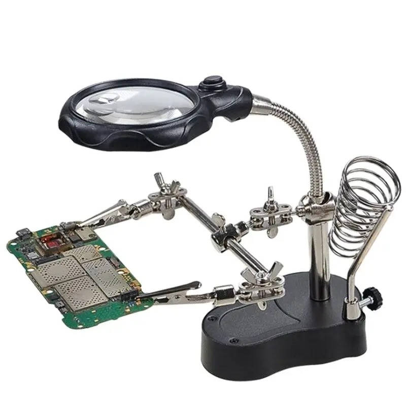 3.5X 12X Helping Hands Third Hand Soldering Iron Welding Stand Station with 2 LED Clip Welding Magnifier Magnifying Glass