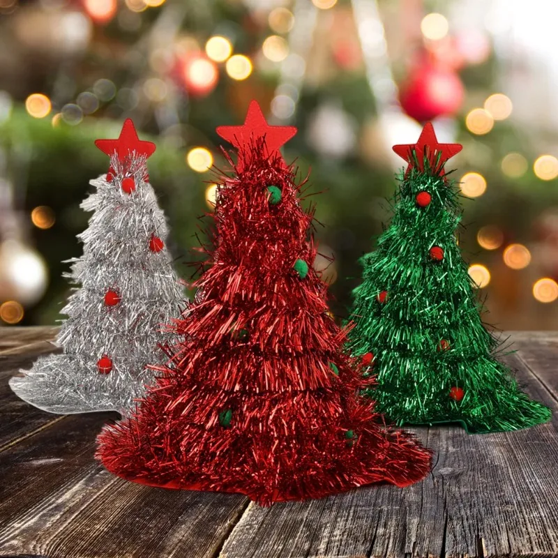 Christmas Tree Hats Fabric Rain Silk Hat for Adults Kids Funny Santa Hat with Tinsel Xmas Holiday Party Costume New Year Decor